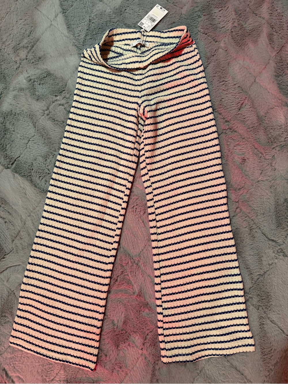Mango Striped Knit Wide-Leg Pants - Navy & Cream